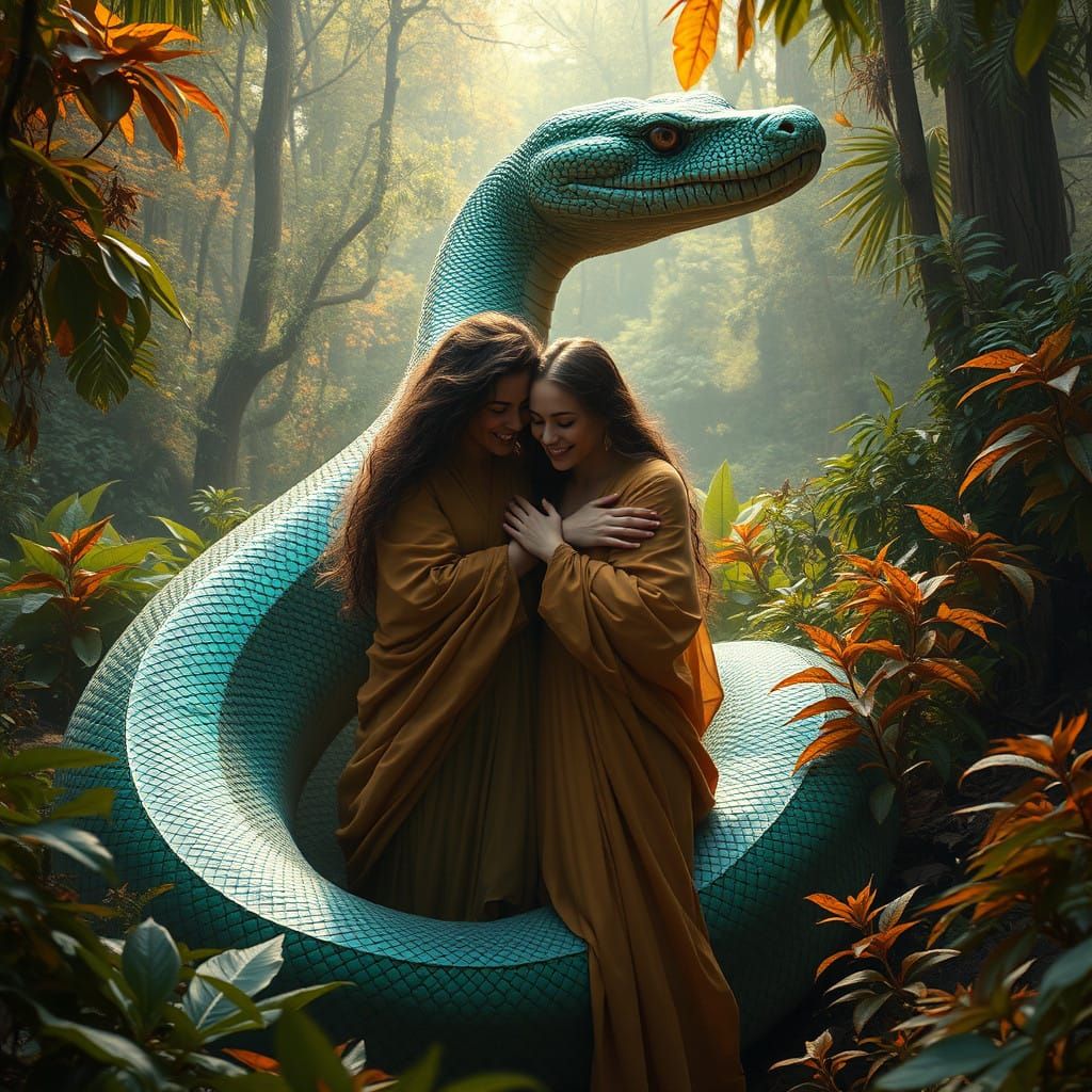 Two Women Enfolded by a Glowing Emerald Anaconda in a Mystic...