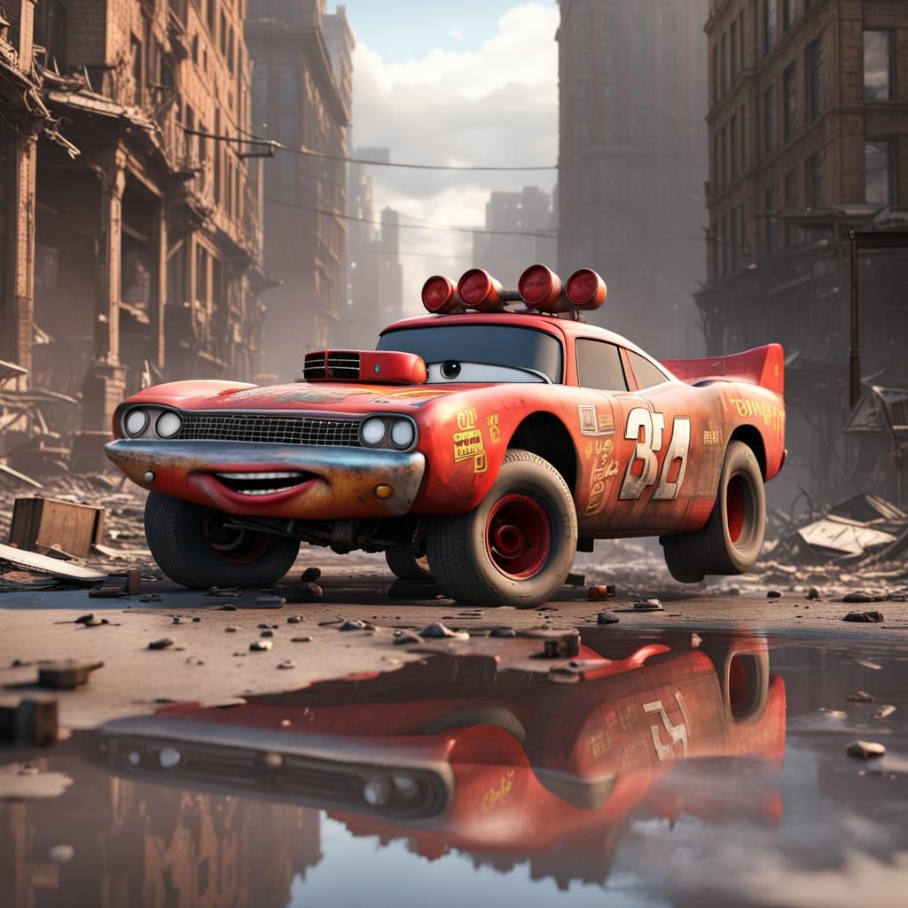 Ultra Realistic Lightning McQueen in Apocalyptic City