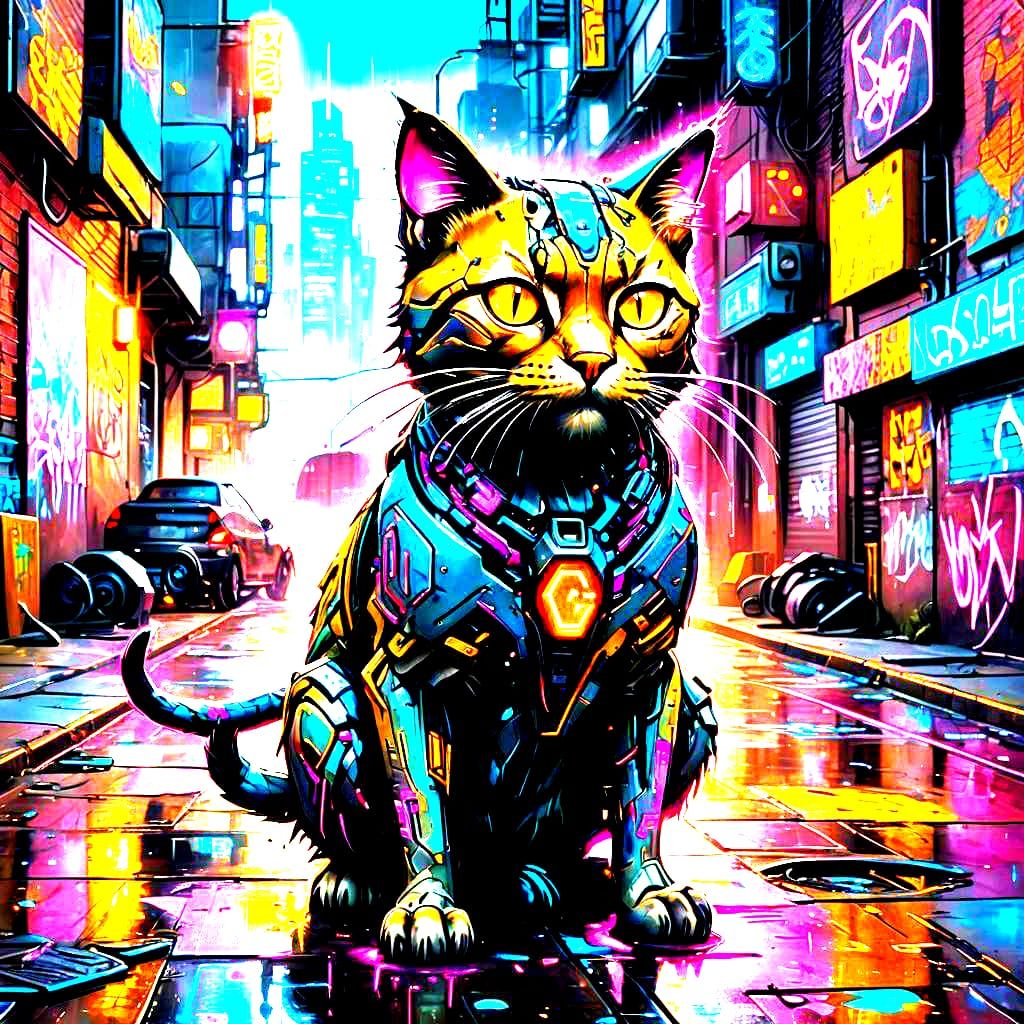 Cyber Cat Graffiti Art in Polychromatic Splash Style