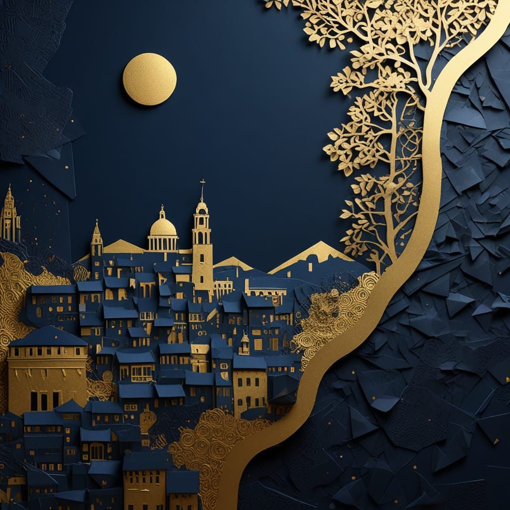 Golden Cityscape Collage on Dark Plaster