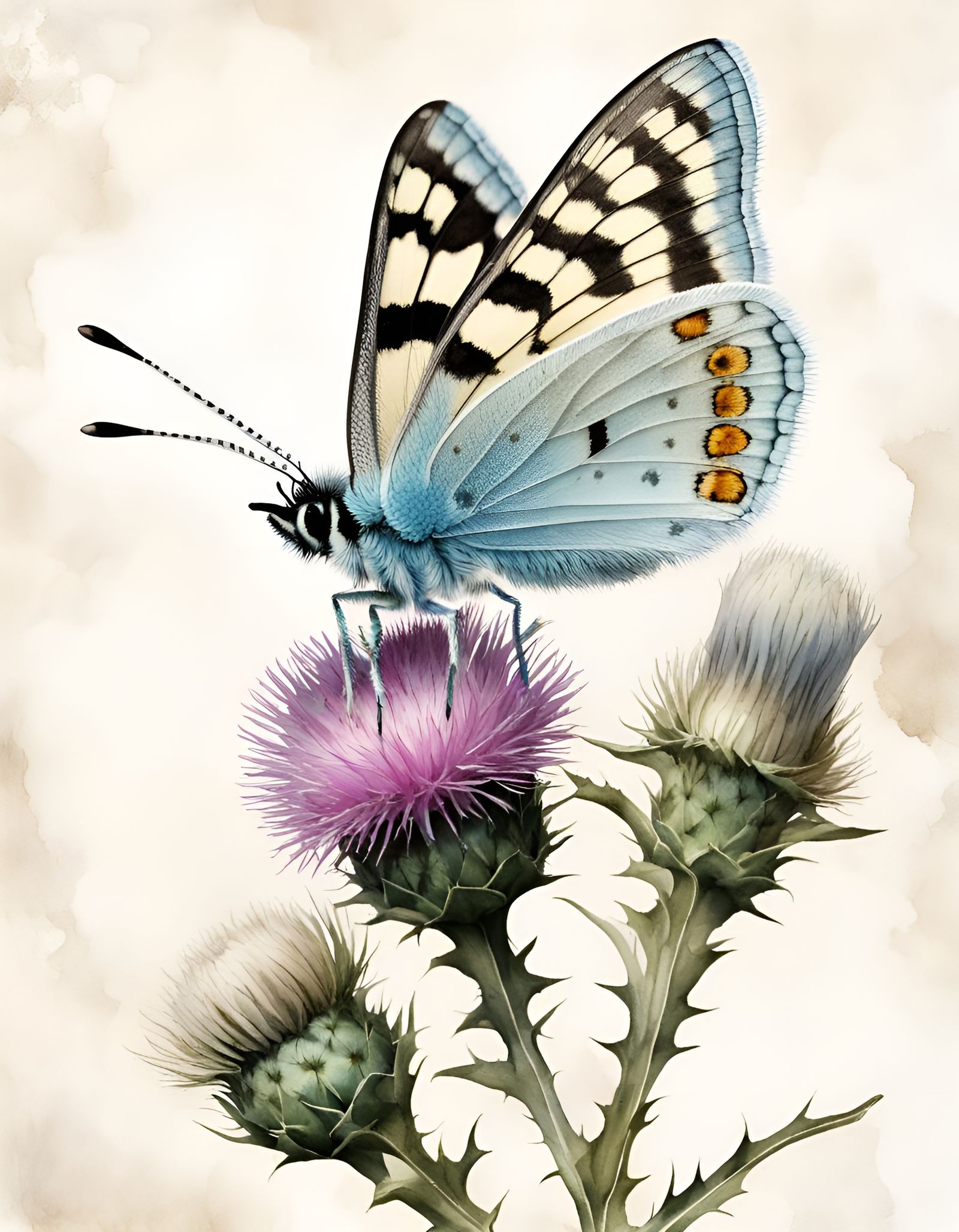 Butterfly on Thistle: Vintage Botanical Watercolor