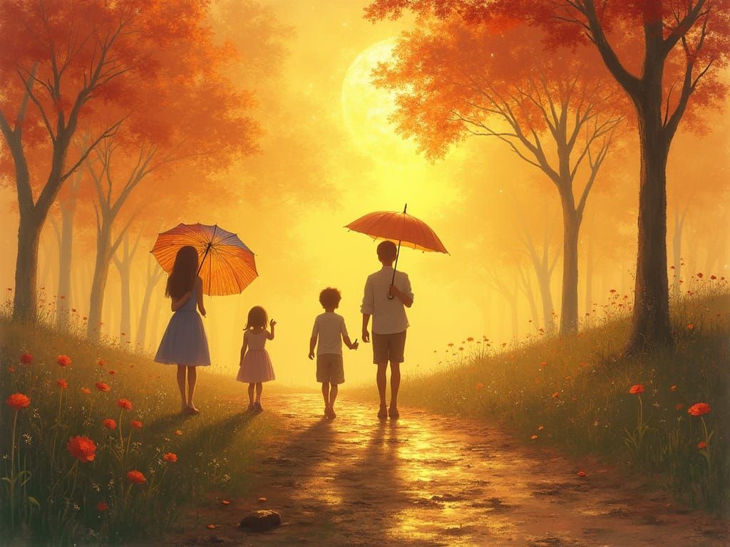 Umbrella Family in Serene Impressionistic Landscape