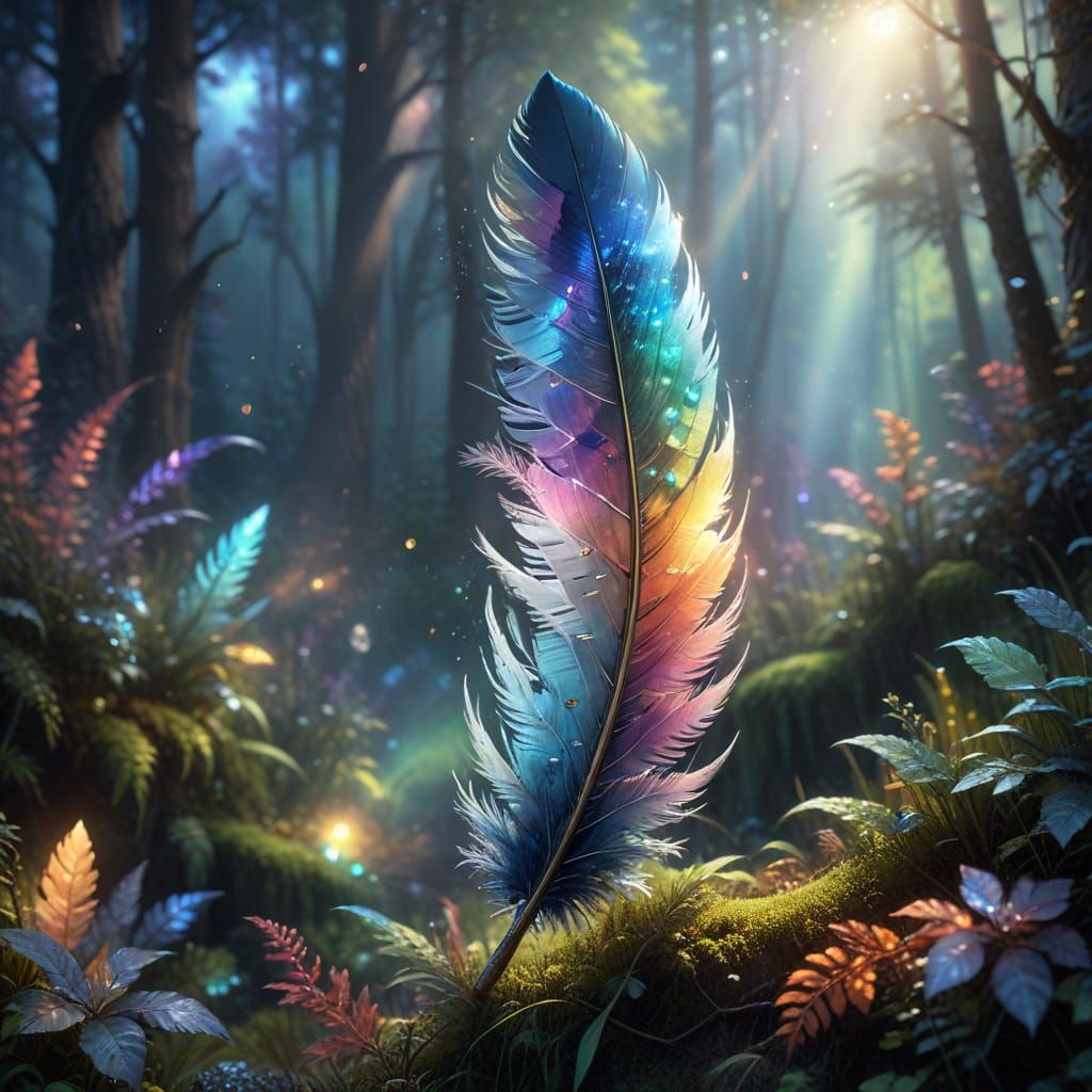 Rainbow Opal Feather in Moonlit Mythical Forest