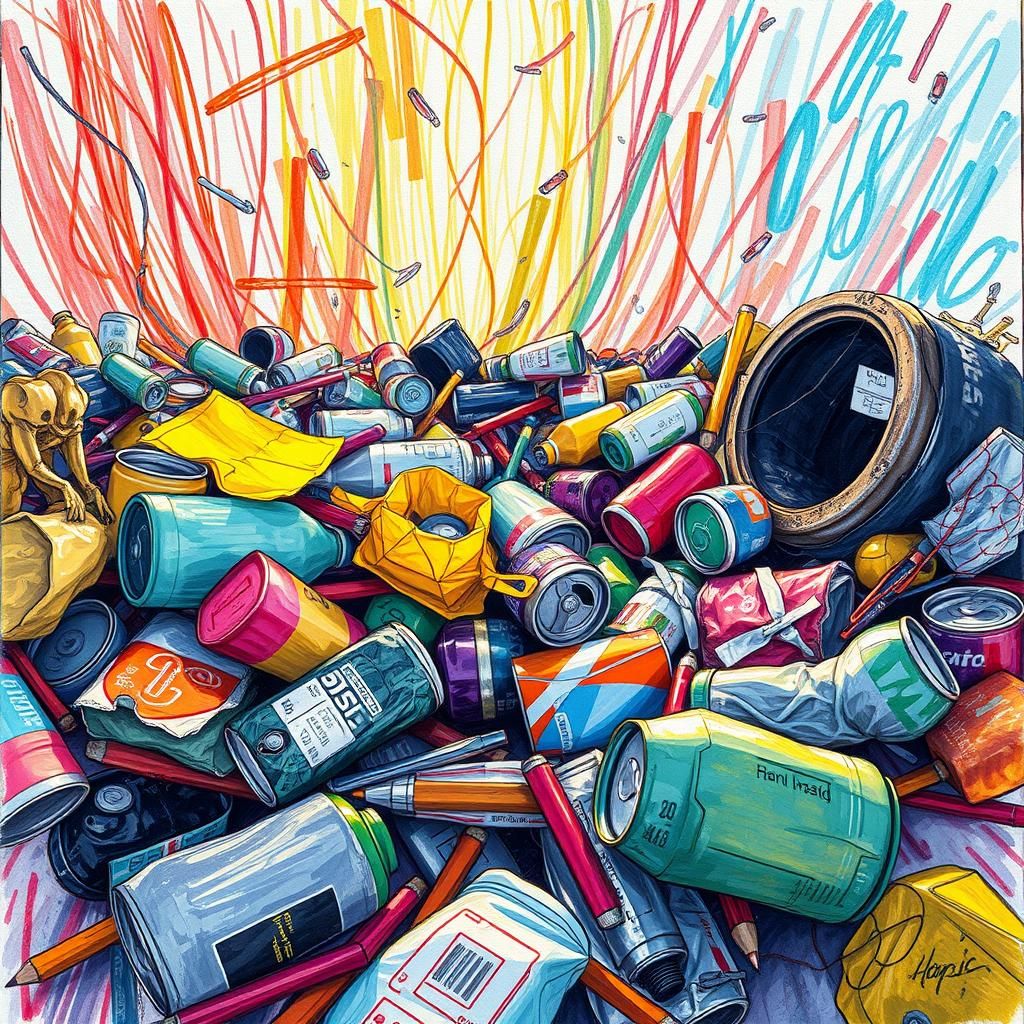 Vibrant Garbage Scene with Wax Crayon Effect