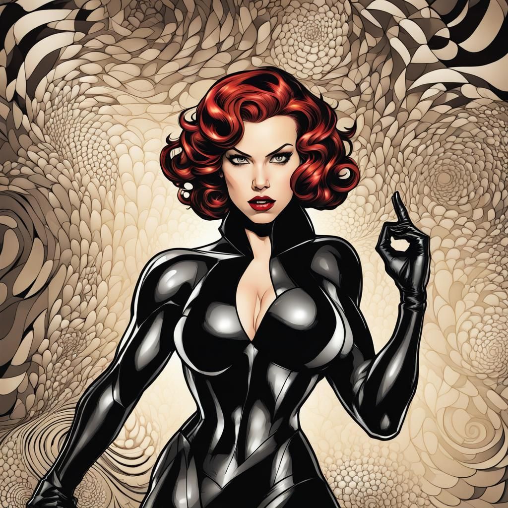 Black Widow Bombshell Pinup in Comic Style
