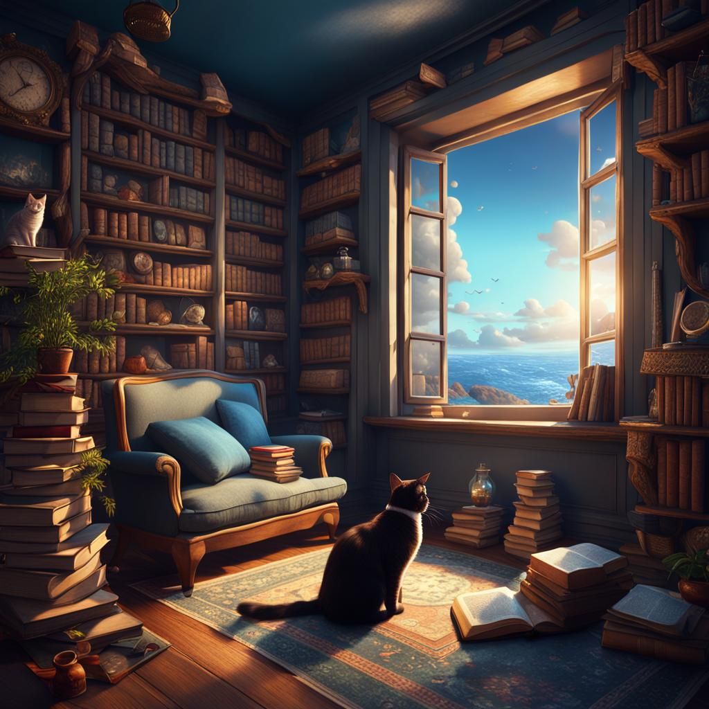 Cozy Seaside Room with Books and Cats