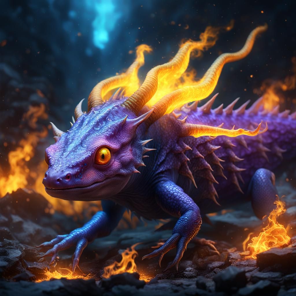 Fiery Axolotl Dragon in Dark Fantasy Style