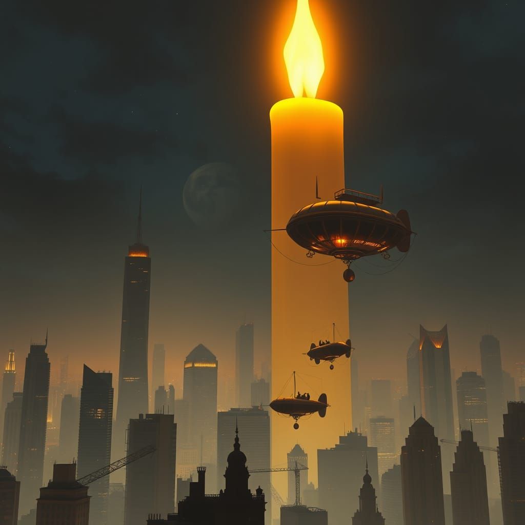 Giant Candle Illuminates Cityscape with Airships