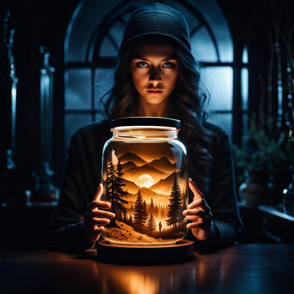 Double Exposure: Girl with Moon in Jar