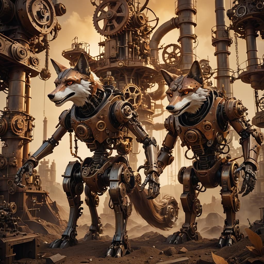Steampunk Robotic Engineers: Wolf and Fox in Earthy Terrain