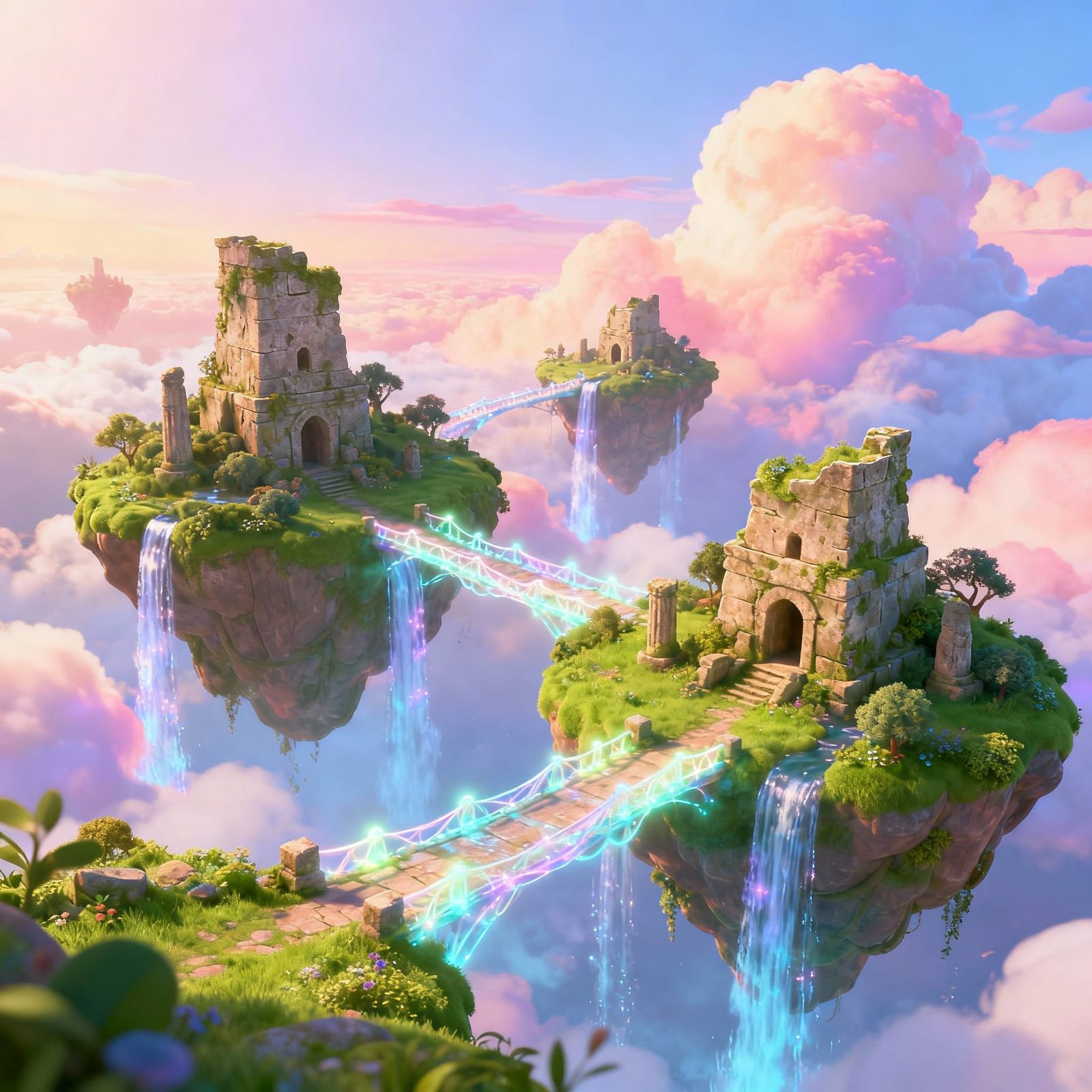 A cluster of lush, verdant islands float high in a sky fille...