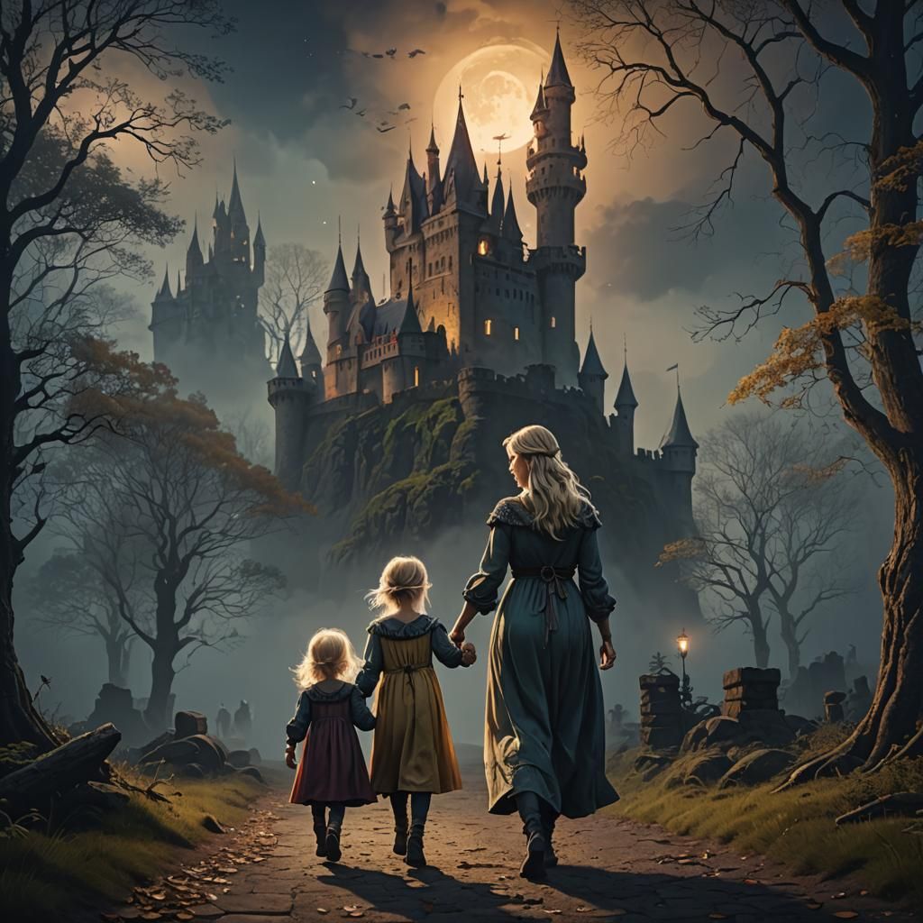 Pregnant Woman and Daughter in Misty Forest