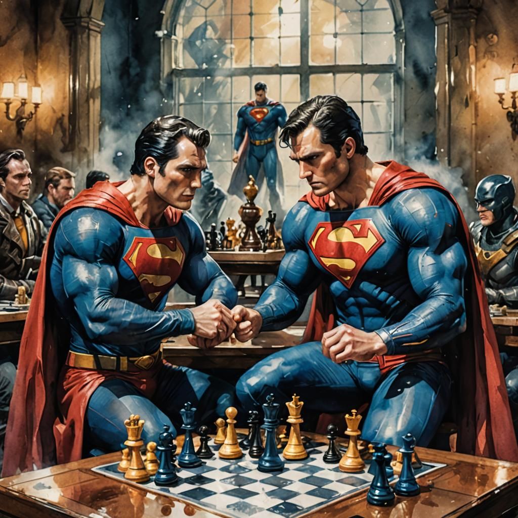 Superman and Homelander Play Chess in Watercolor Style