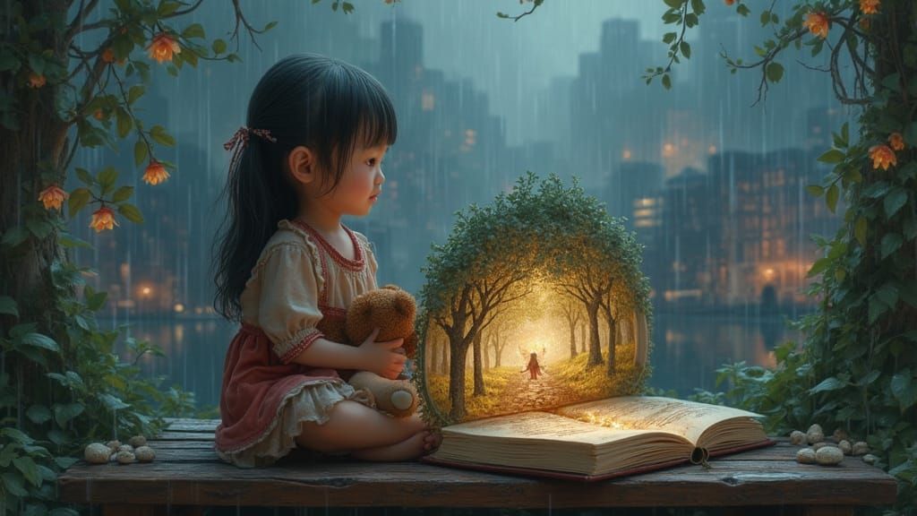 Young Girl's Fantasy Forest Revealed in Rainy Cityscape