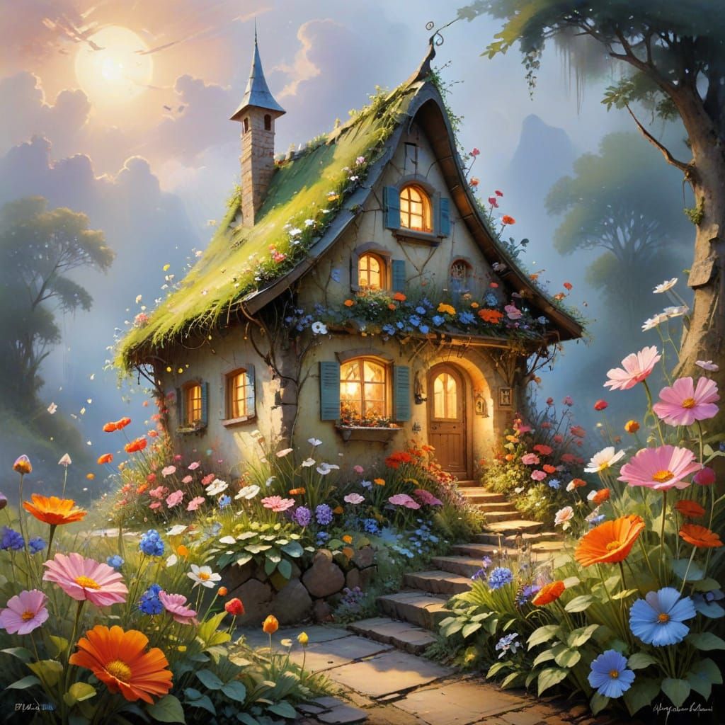 Enchanted Pixie House Among Flowers, Watercolor Style