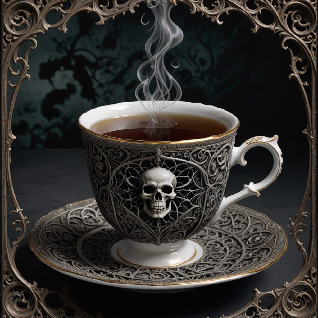 Elegant Gothic Tea Cup with Macabre Filigree