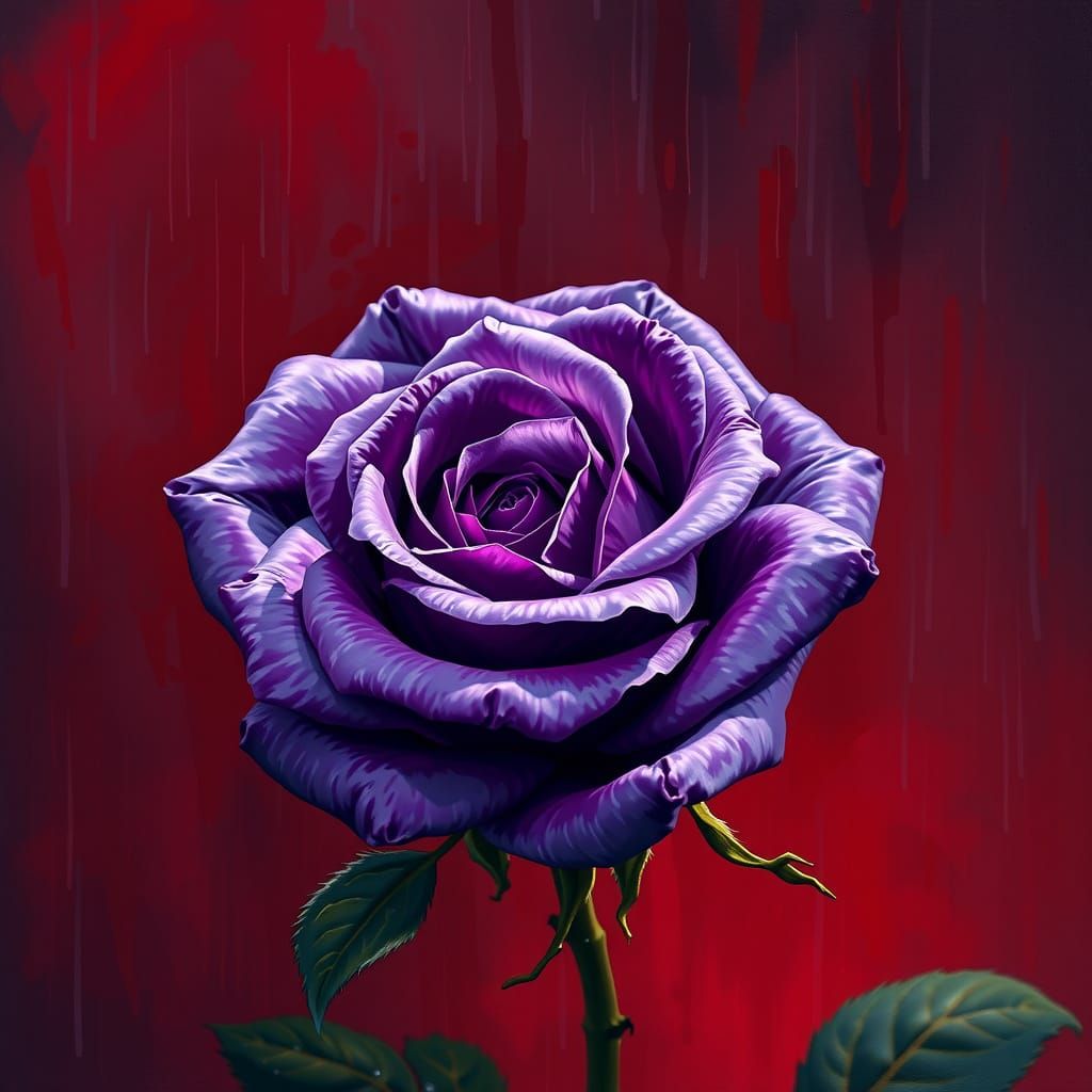 Velvety Purple Rose in Dripping Oil Painting