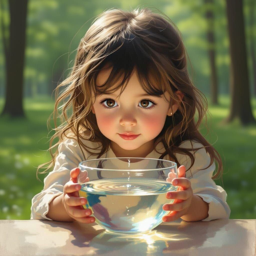 Girl Amazed by Ripples in Water Bowl