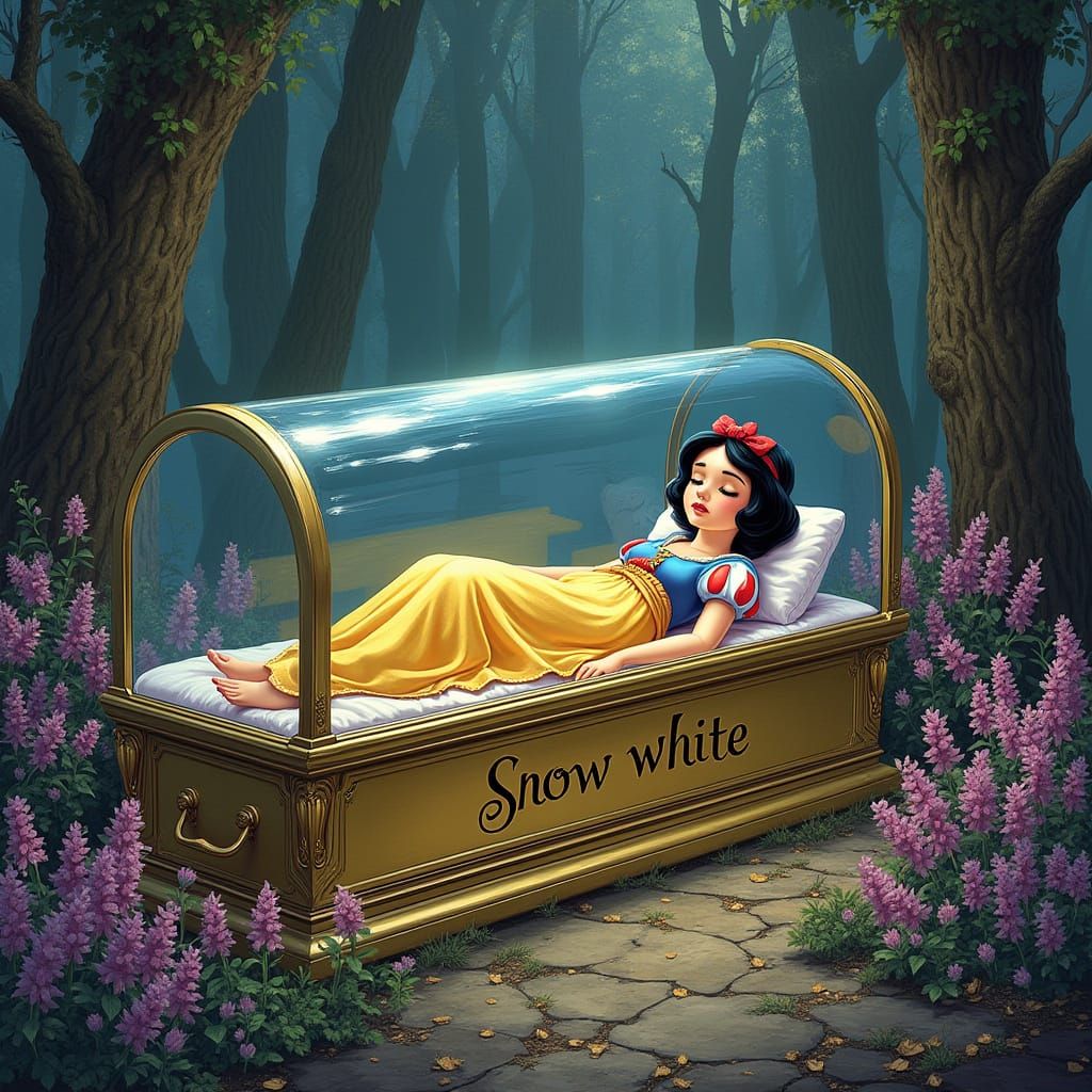 Surrealistic Princess in Glass Coffin Amidst Vibrant Floral ...