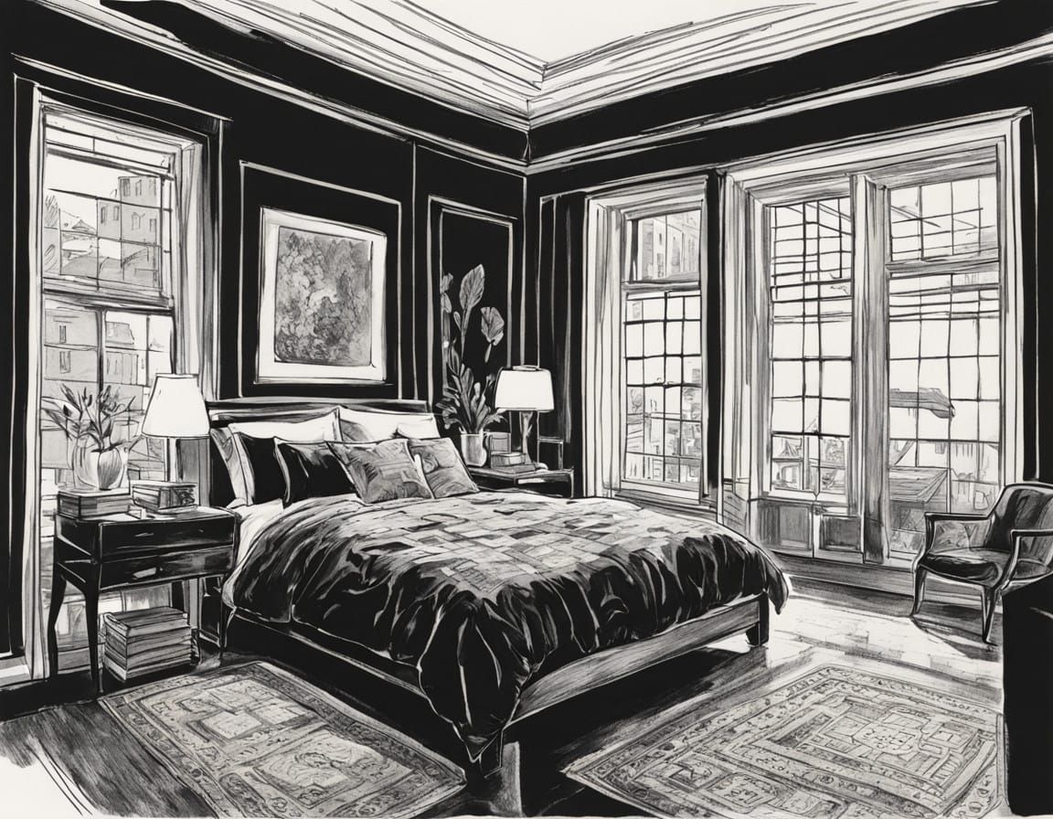 A  black and white minimalist pencil sketch of light coming through a bedroom window