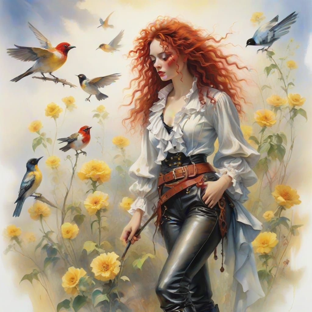 Surreal Woman in Pirate Shirt, Oil Painting