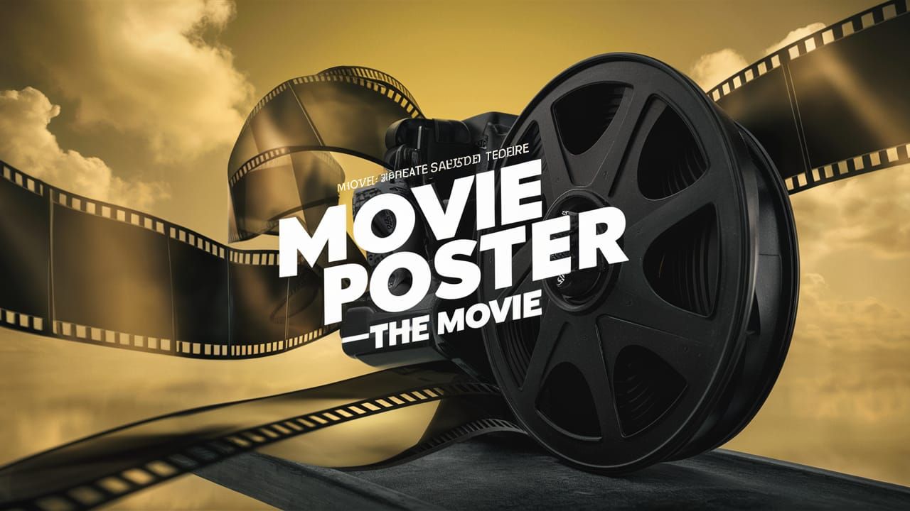 Hyperrealistic Movie Poster: Film Reel in Cloudy Sky