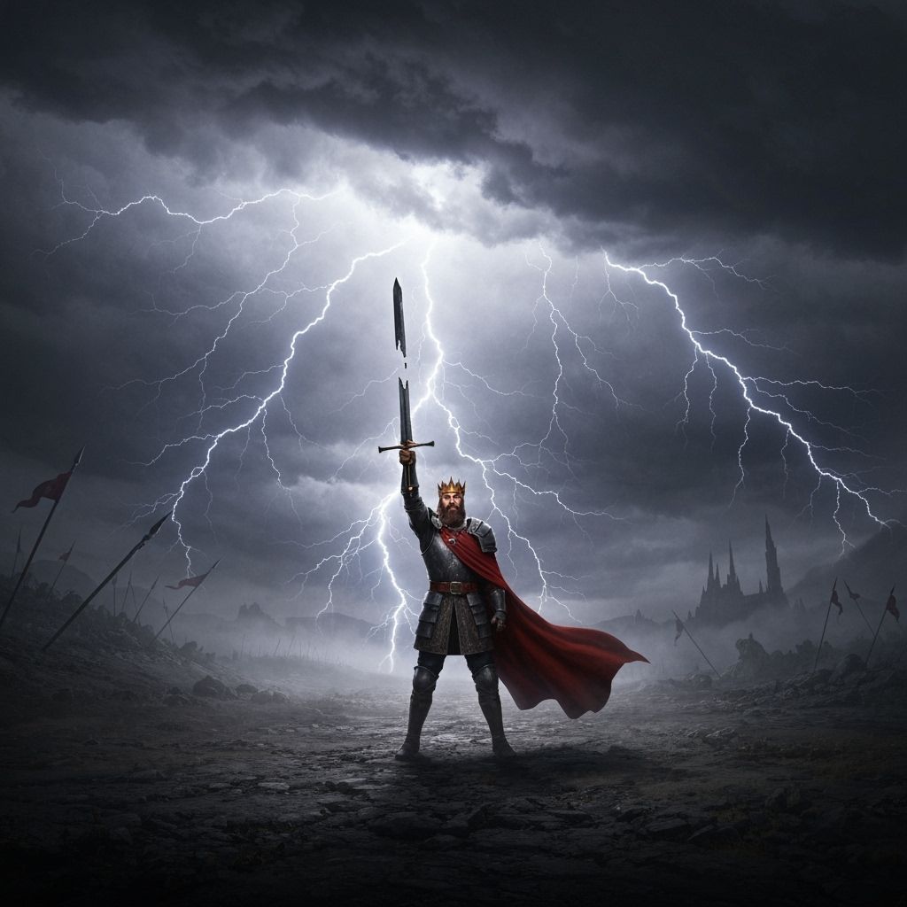 Defiant King on Battlefield Amidst Stormy Skies
