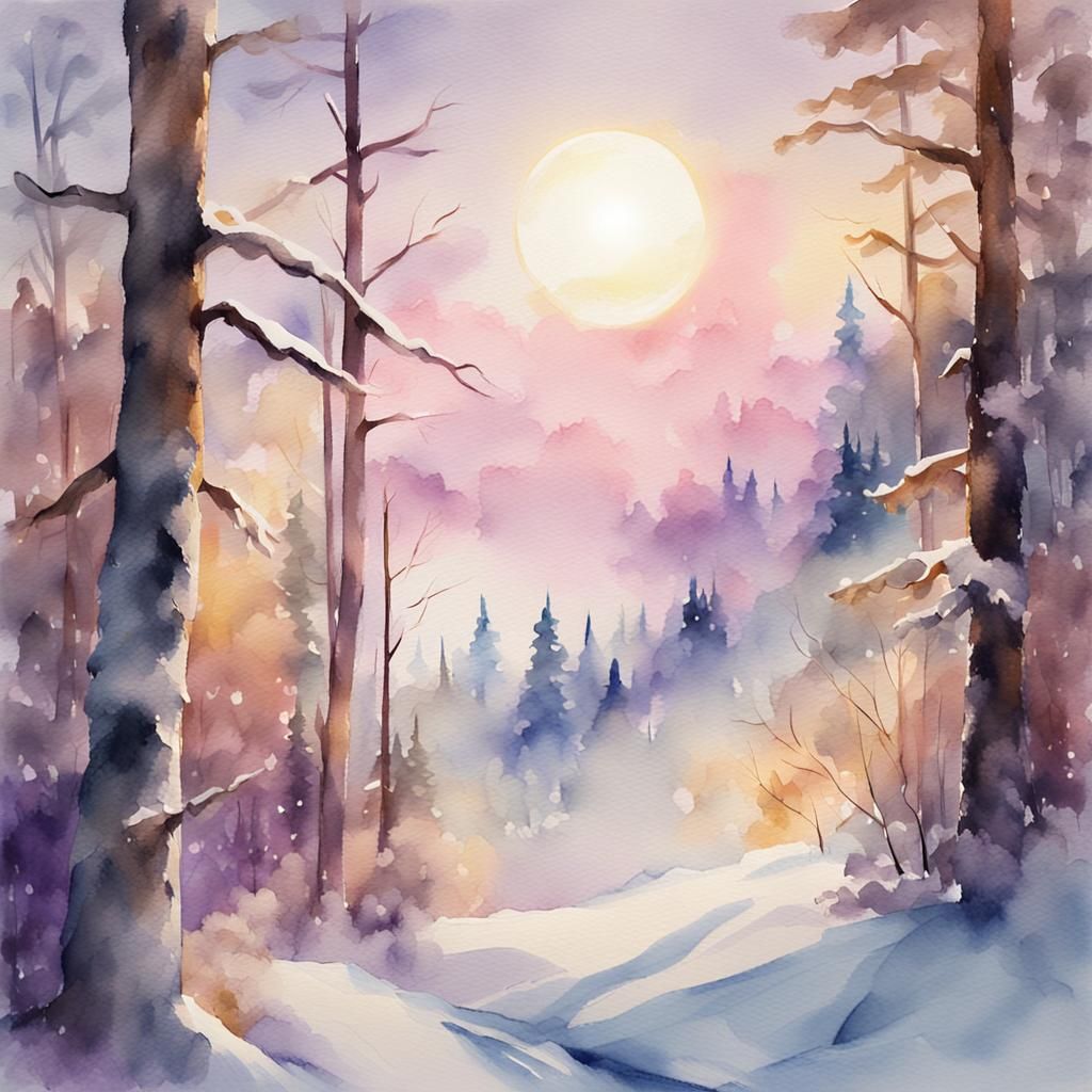 Ethereal Snowy Forest Landscape Under Full Moonlight
