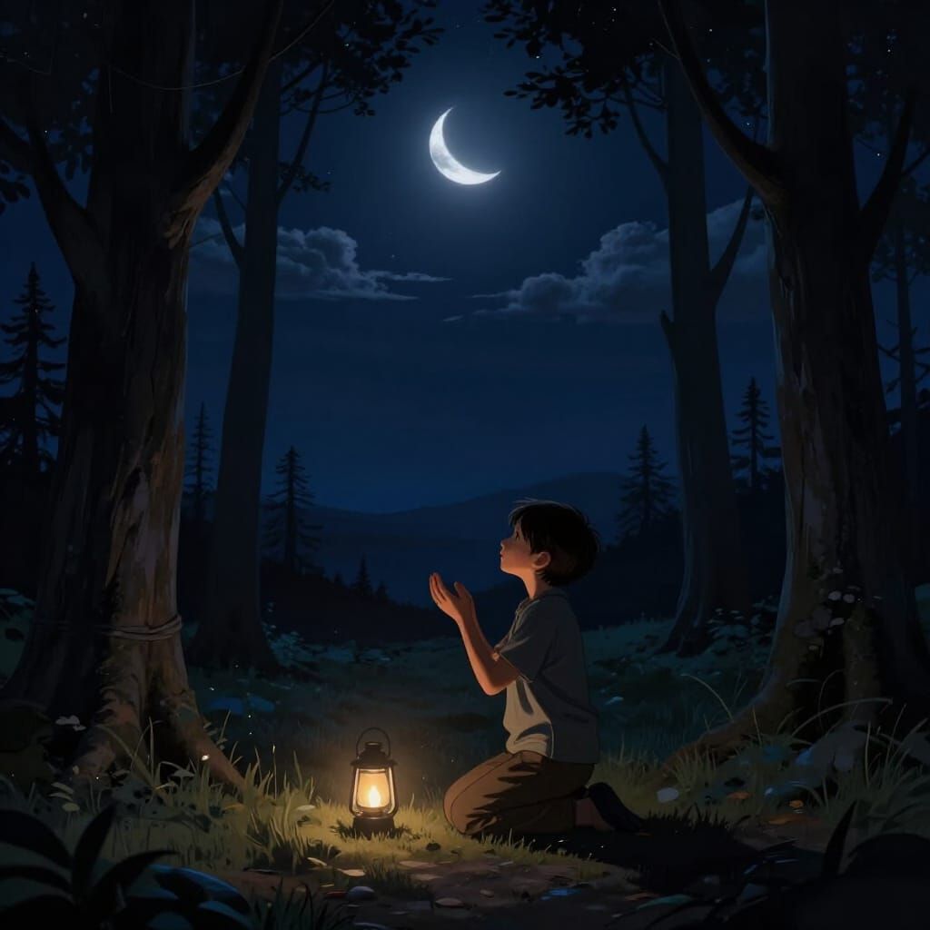 Boy in Prayer Under Starless Night Sky