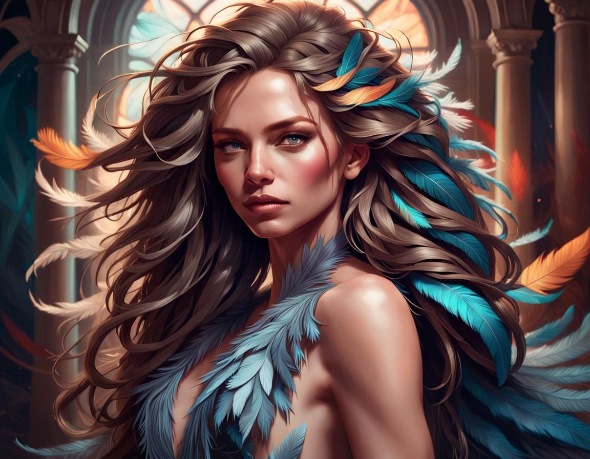 Feather-haired Woman in Sleek Gown: Detailed Portrait