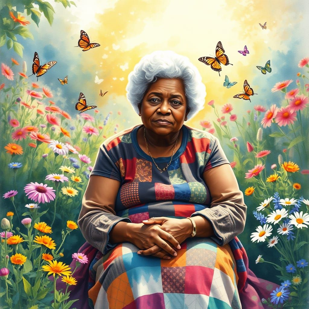 Elderly Woman in a Sunlit Garden, Watercolor Style