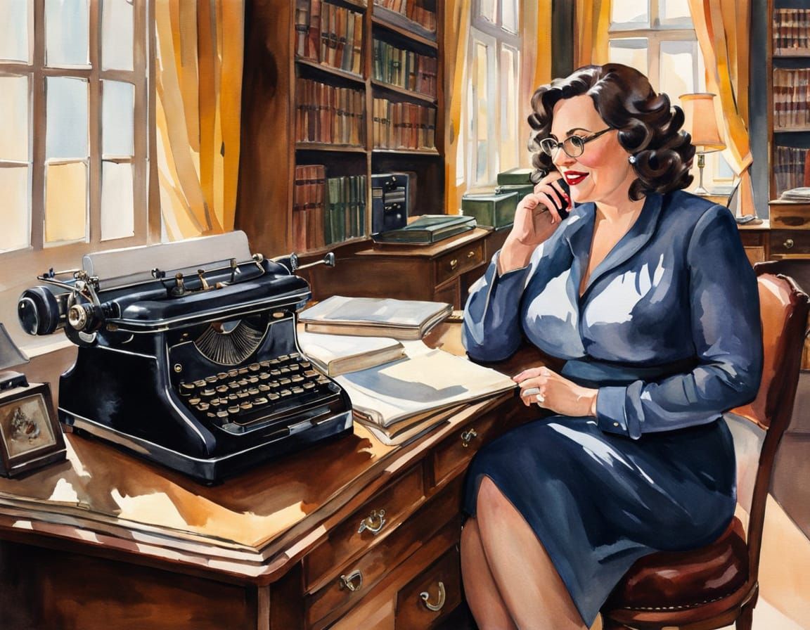 Elegant Woman in Vintage Dress Using Laptop and Typewriter