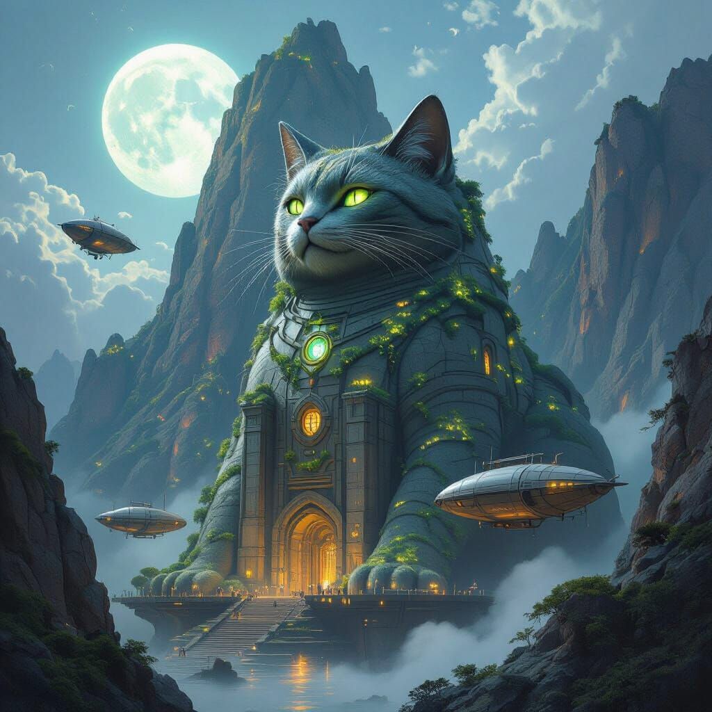 Giant Cat Mountain with Airships in Alien Landscape