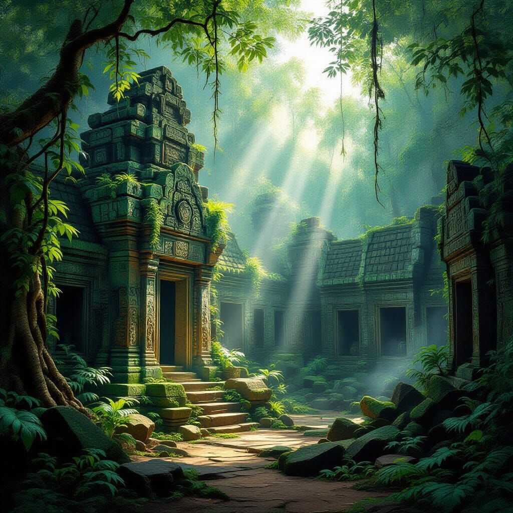 Jungle Temple Ruins Emerge from Misty Dreamscape