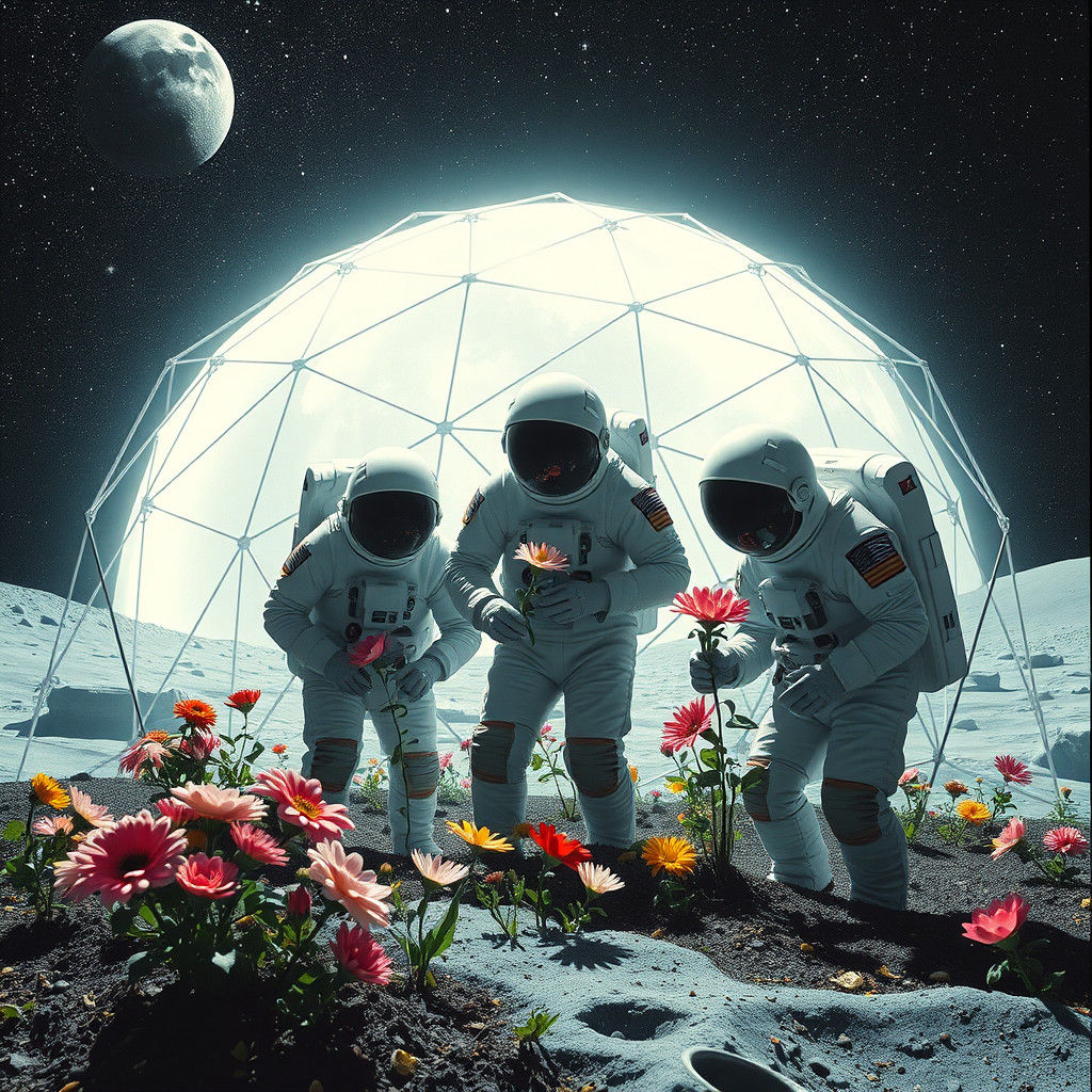 Astronaut Gardeners Tend Lunar Flowers: Surrealist Vision