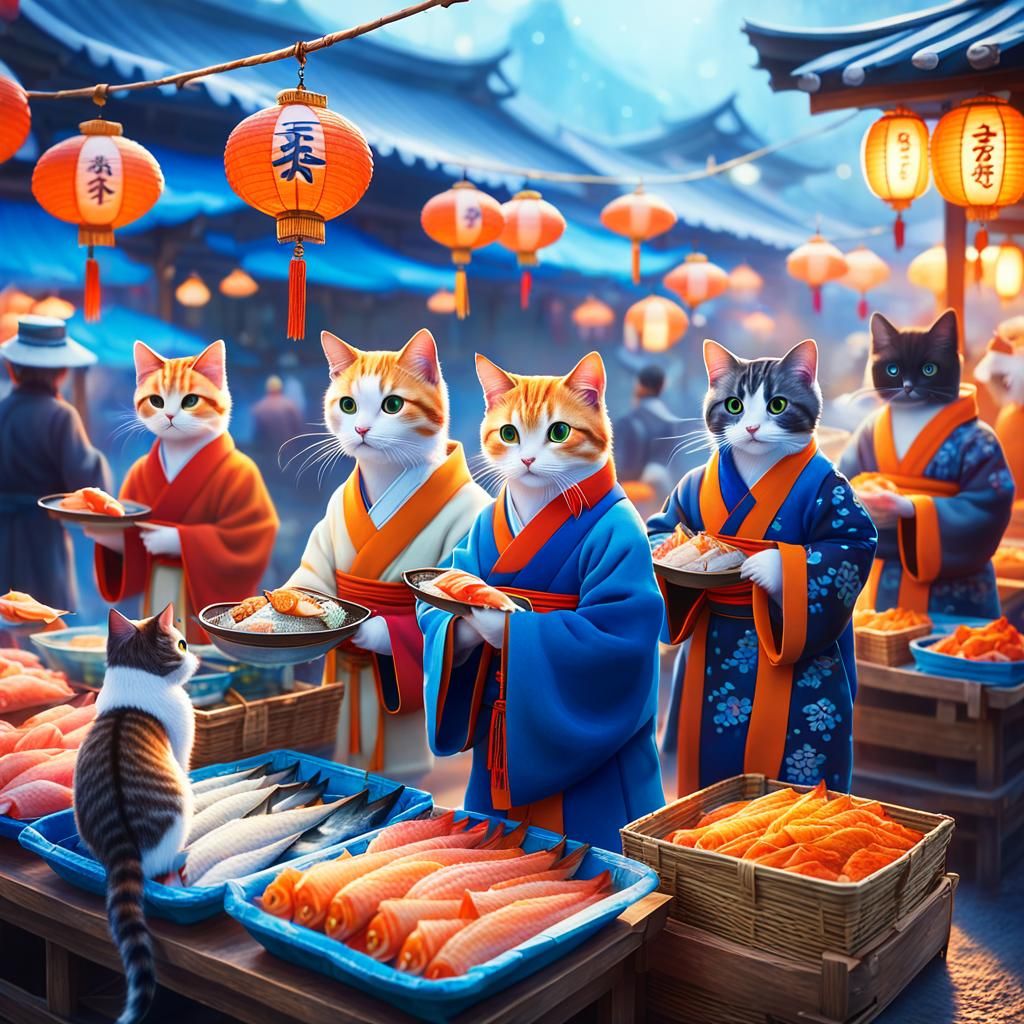 Cats are buying and selling fishes in fish market.