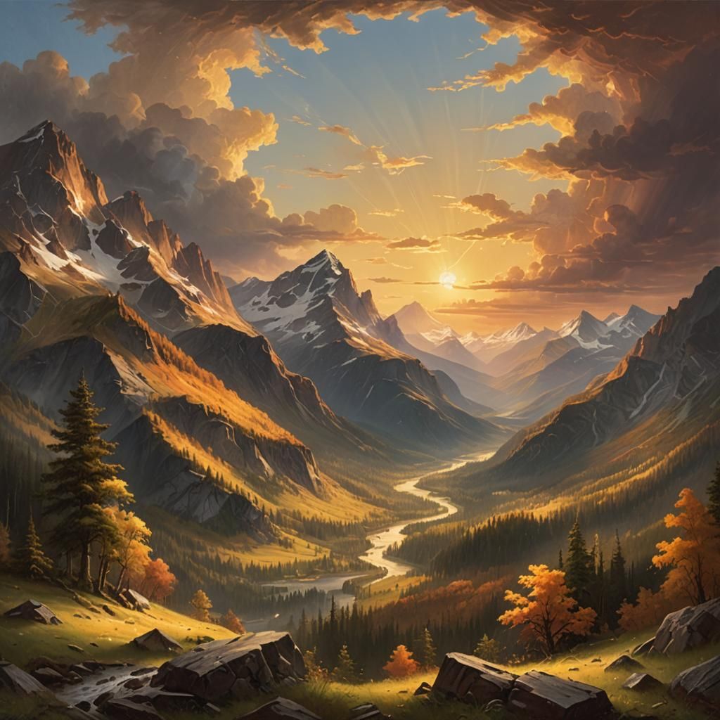 Dramatic Mountain Landscape Oil Painting in Golden Light