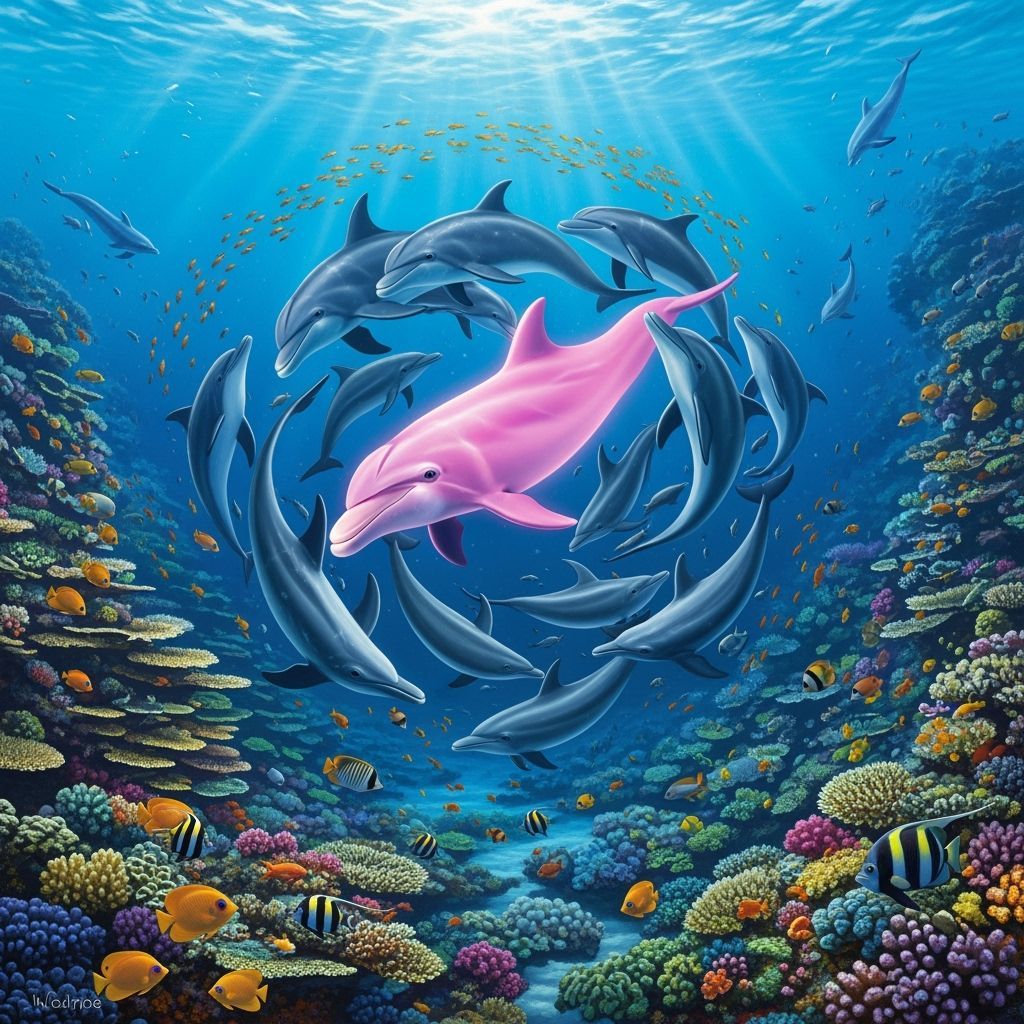 Unique Pink Dolphin Among Grey Dolphins in Coral Reef
