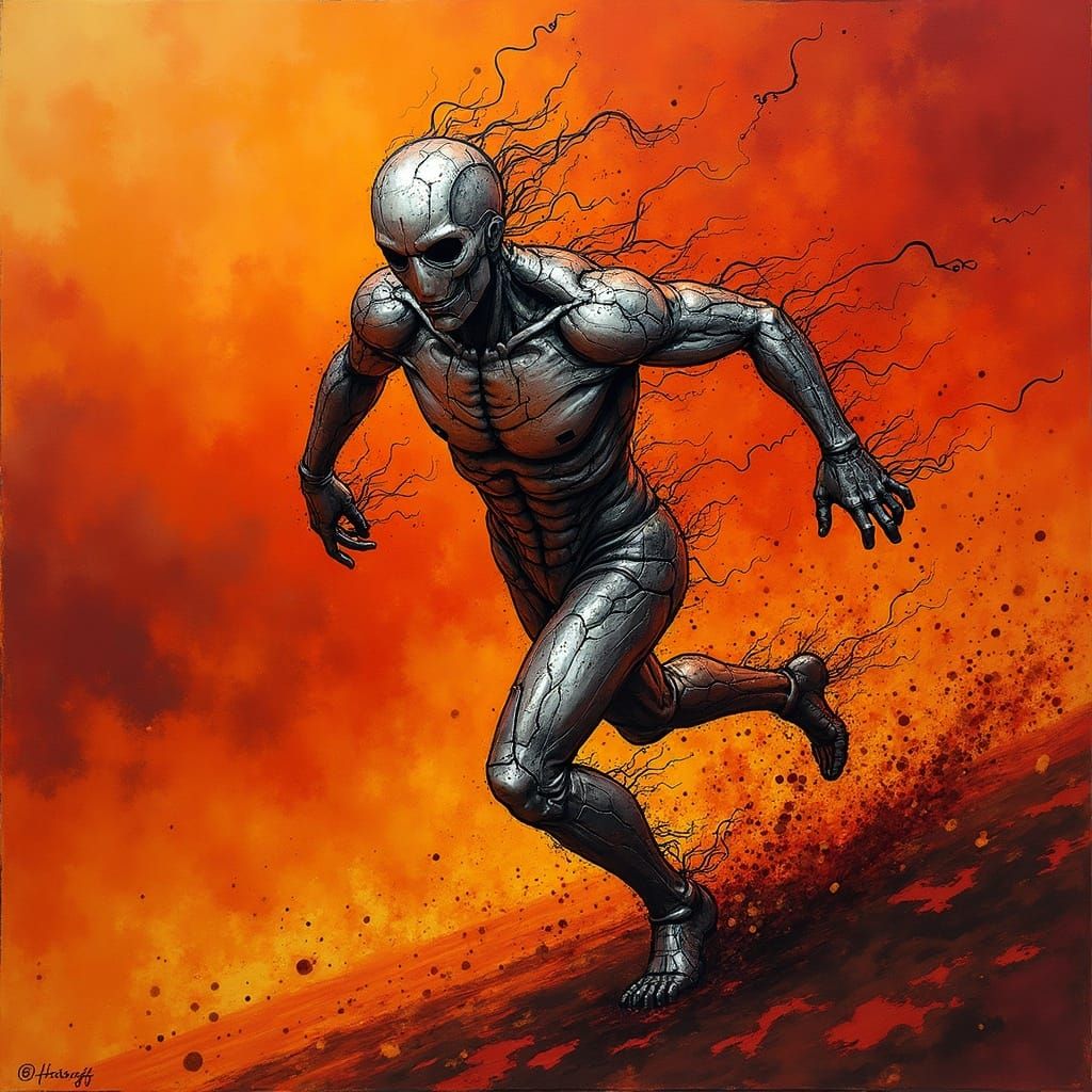 Metallic Abstract Figure in Firestorm Op Art Style