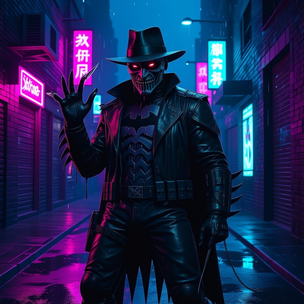 Freddy Krueger as Batman in Synthwave Neon Style