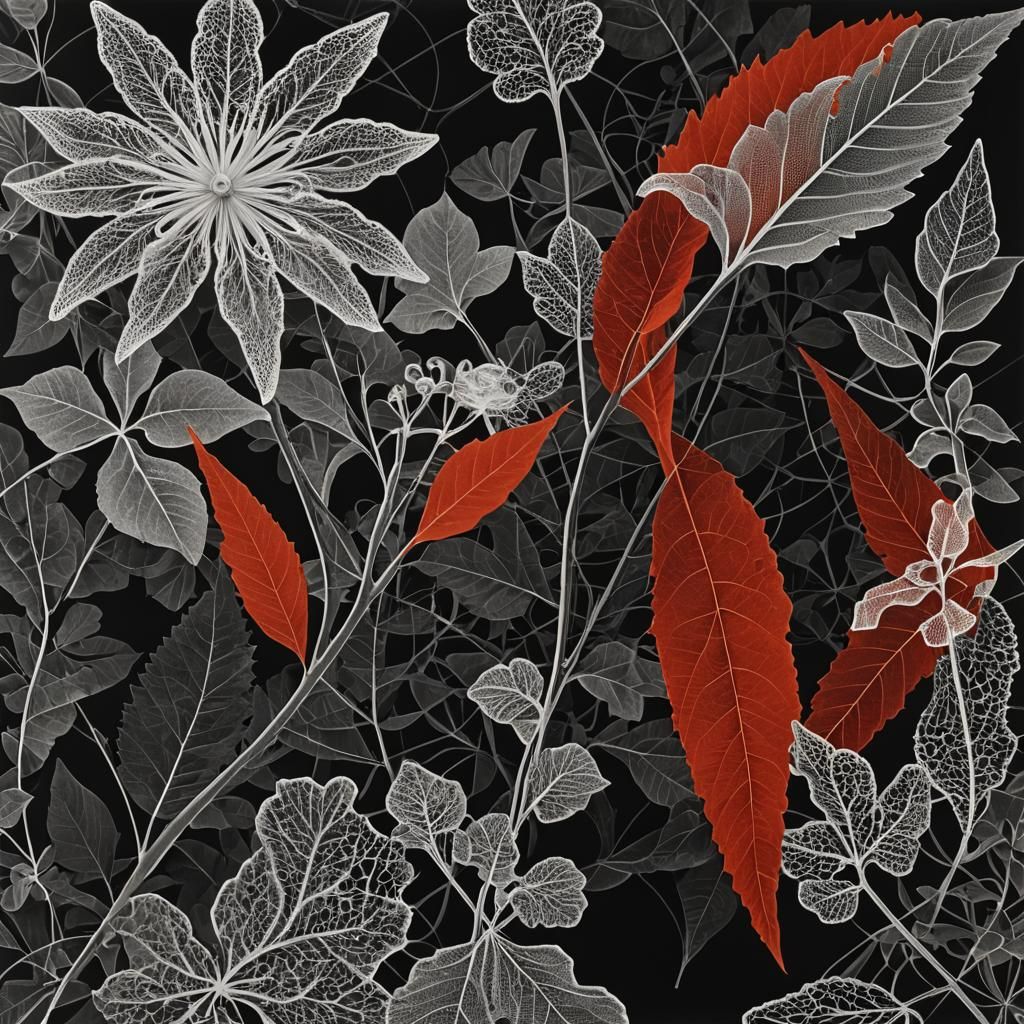 Abstract Black and White Rayograph with Floral Elements