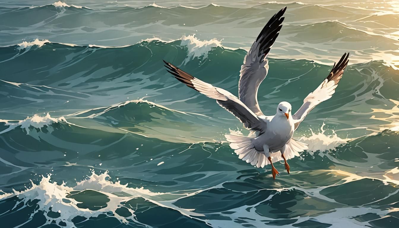 Seagull Diving: Anime-Style Ocean Scene