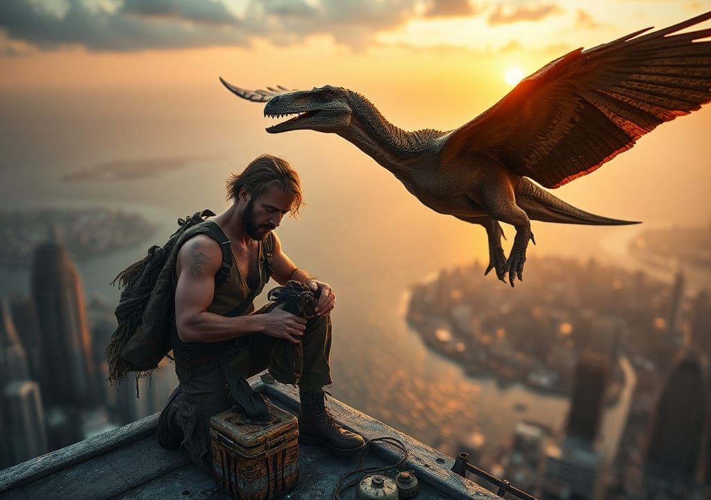 Post-Apocalyptic Rooftop Shelter with Pterodactyl, Moebius S...