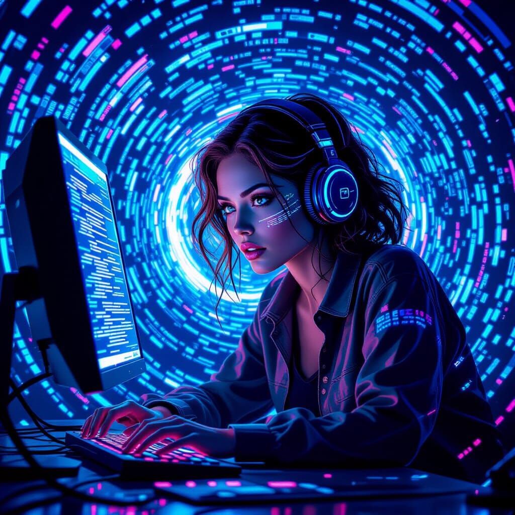 Cyberpunk Woman Lost in Digital Vortex