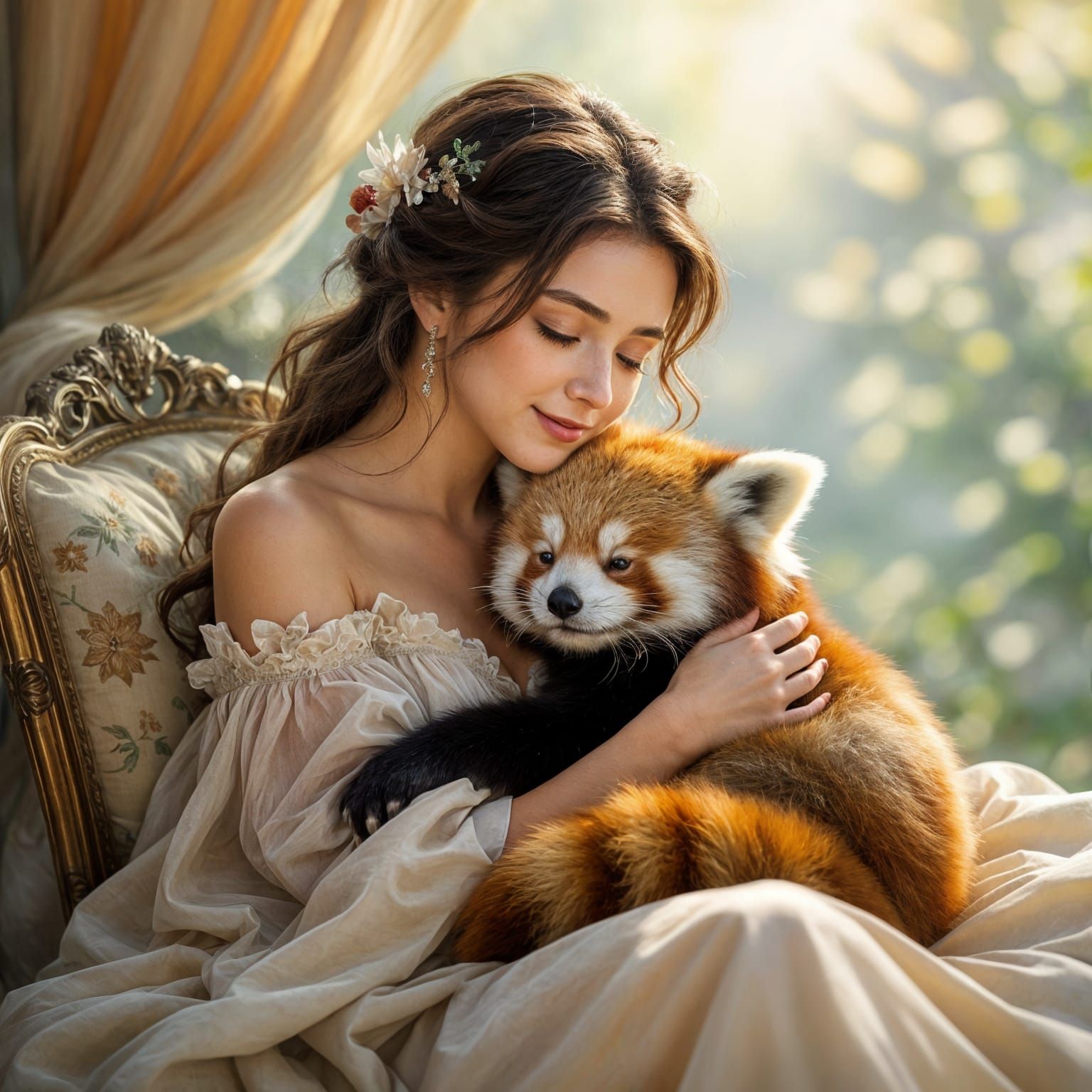 Serene Woman with Sleeping Red Panda, Ethereal Fantasy Style