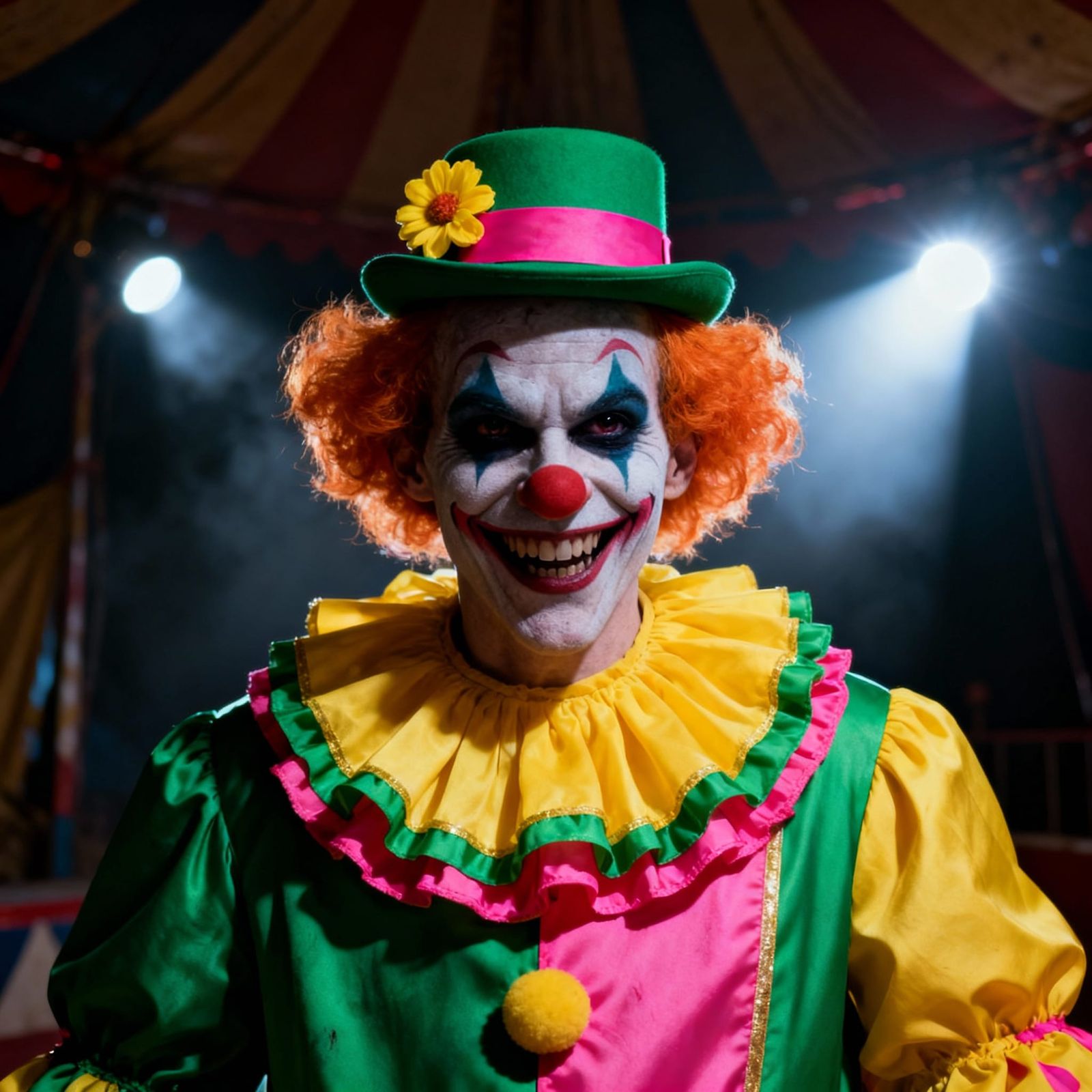 Sinister Circus Clown Grinning in Dim Tent