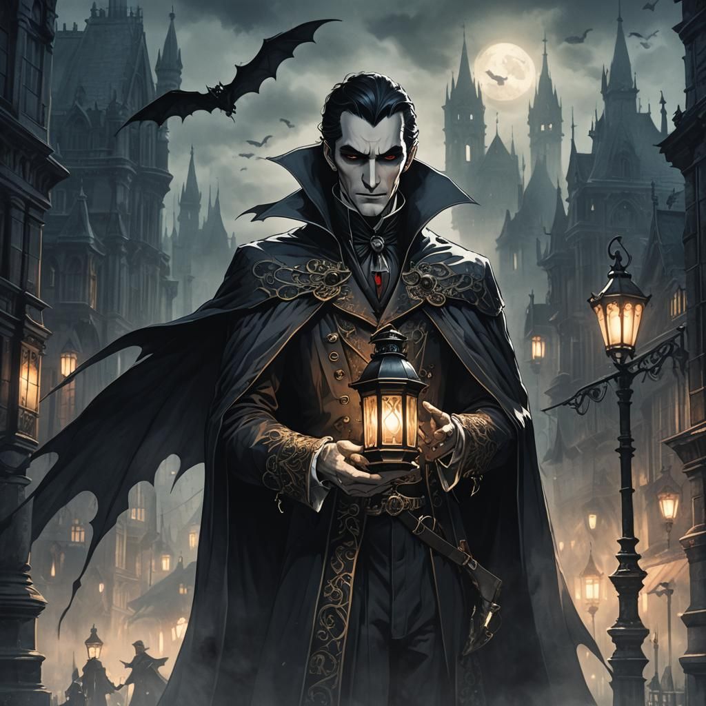 Dracula Protects Children in Gothic Anime Style