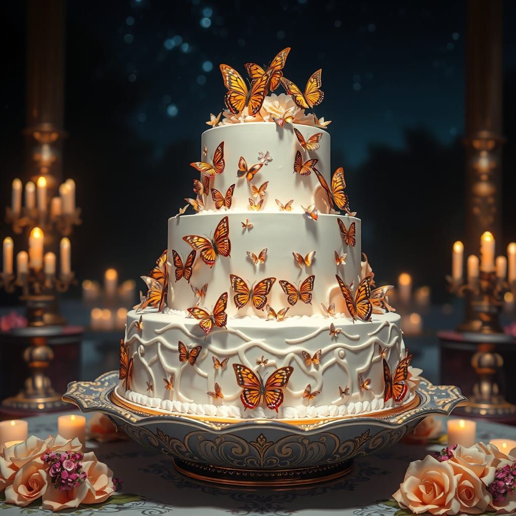 A portrait of a huge, beautiful, detailed cake.