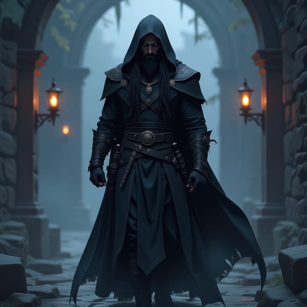 Mysterious Drow Half-Elf Warlock in Shadowy Fantasy Art