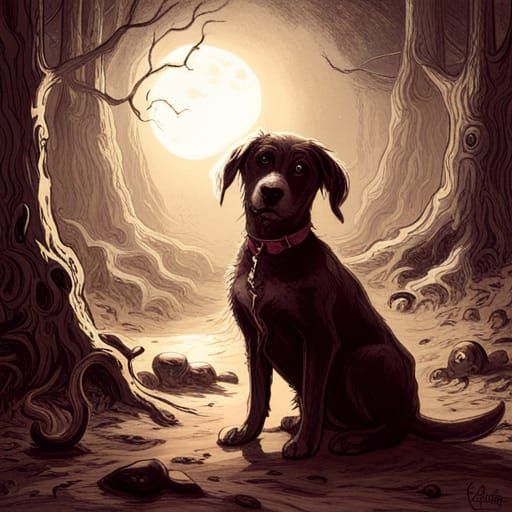 Puppy Lost in Spooky Forest: Gothic Horror Style